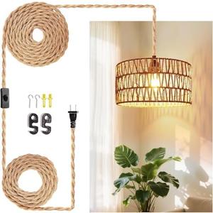 LUCORUSC Hanging Light Ceiling Lamp Pendant Lights Rattan Hanging Lamp with Plug in Cord for Living Room Bedroom Kitchen Indoor Hanging Lamp Plug in Woven Lampshade