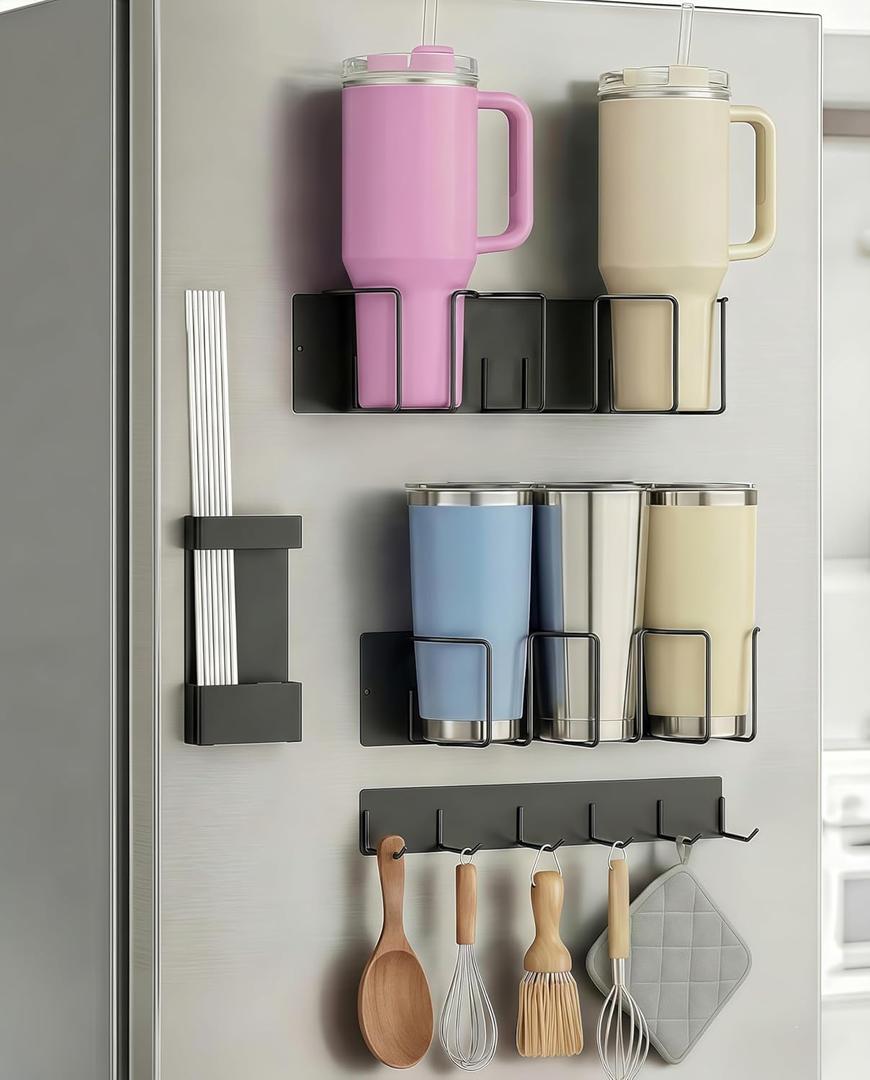 Magnetic Cup Holder for Fridge (4-Piece Set) Compatible with Stanley Quencher H2.0 & Yeti 2040oz Heavy Duty 18LB Anti-Slip Magnetic Organizer with Straw Holder & Hook Rack for Kitchen, Garage