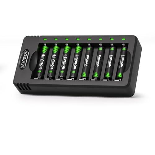 BEVIGOR Rechargeable AAA Batteries with Charger, 8 Pack 1100mAh Low Self Discharge Triple A Batteries with 8 Bay AA AAA Smart Battery Charger for Ni-MH Ni-CD, Independent Slot