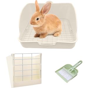 Rabbit Litter Box for Cage Guinea Pig Hay Rack Feeder Rabbits Corner Litter Pan Potty Trainer Pet Toilet Square with Cleaning Set for Hamster, Guinea Pig, Ferret, Bird (White)