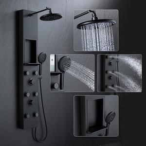 POPFLY Shower Panel Tower System Adjustable Shower Arm Height Rainfall Head System Stainless Steel Shower Panel with Shelf and 6 Body Massage Jets, Bathroom Black Shower Column Panel