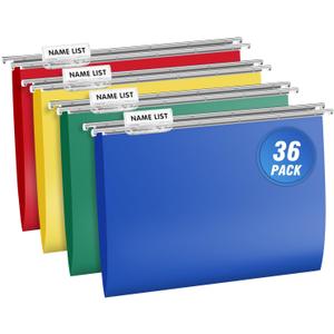 Heavy Duty Plastic Hanging File Folders with Metal Hook, 1/5-Cut Adjustable Tabs, File Cabinet Folders, Letter Size, Fit for Office, School and Home, 36 per Box (Assorted)