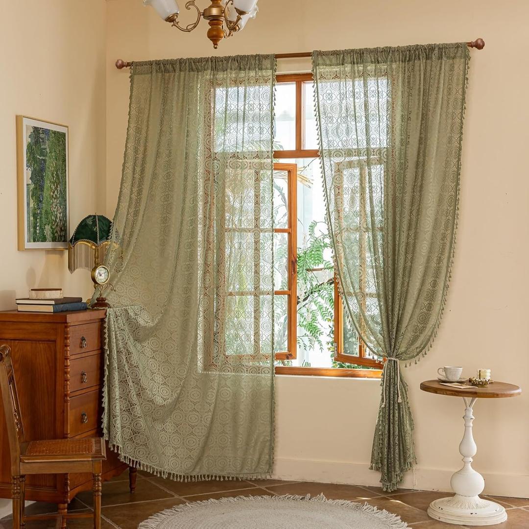 YJ YANJUN Boho Lace Curtains 84 Inches Long, Vintage Crochet Doily Pattern, Spring Sage Green Sheer Curtains for Living Room Bedroom Nursery, Farmhouse & Cottage Chic Style, W59 x L84-2 Panels