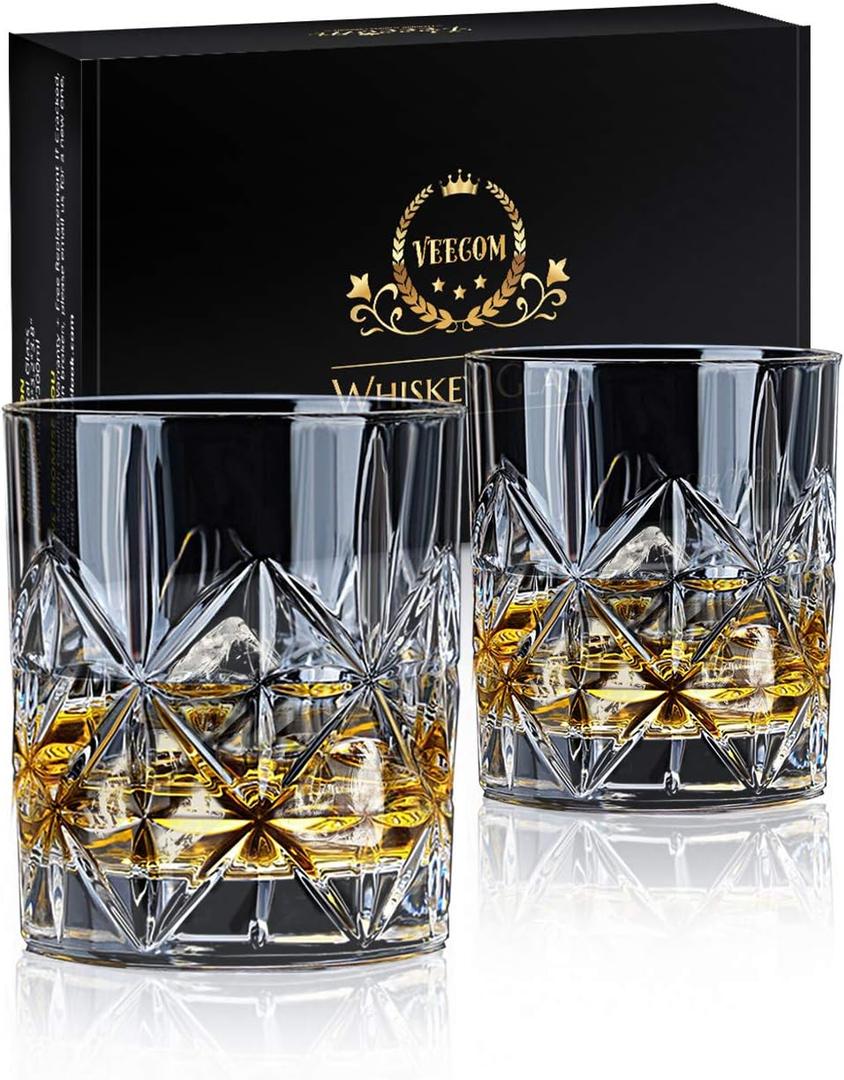 Veecom Whiskey Glass Set of 2, 10 oz Crystal Whiskey Glasses Thick Bottom Bourbon Gifts for Men, Old Fashioned Rocks Glasses Tumbler for Scotch, Cocktail, Father's Day Gifts for Men (Glass Set 2)
