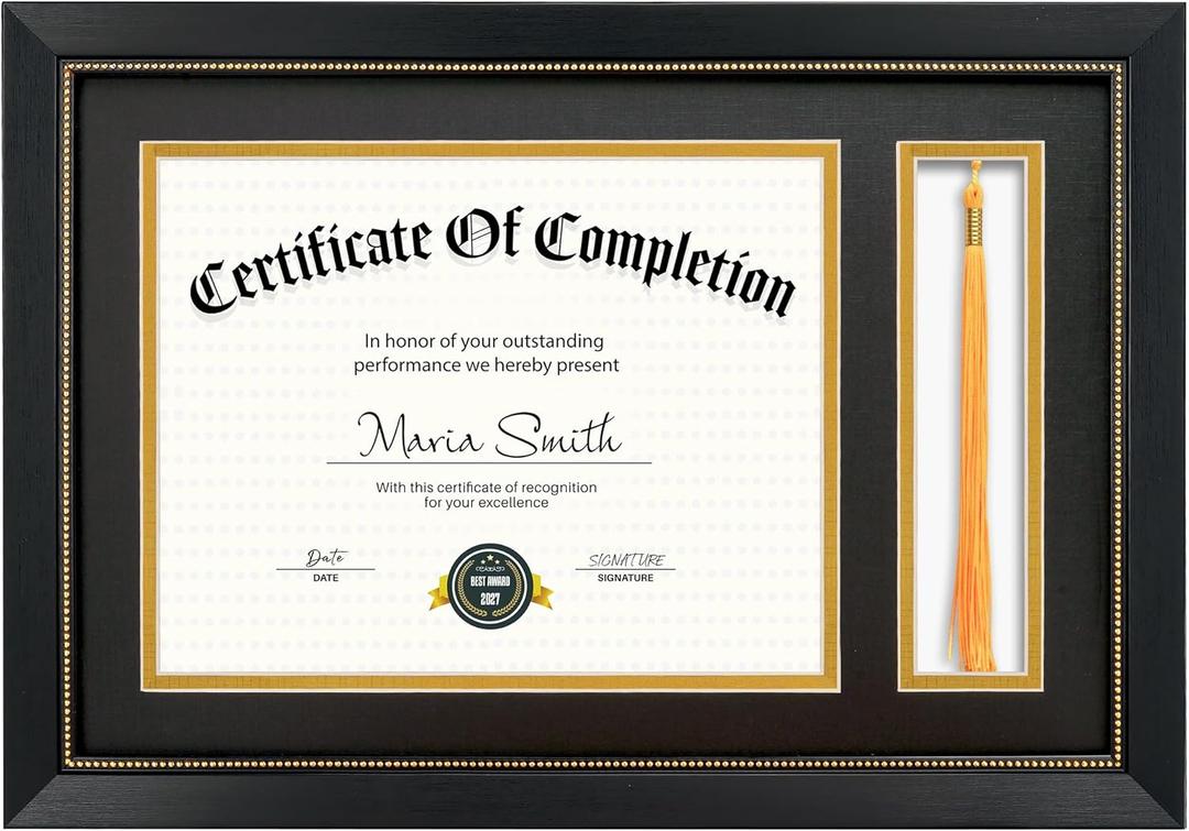 11x16.5 Diploma Frame with Tassel Holder for 8.5x11 Certificate Document, Black Diploma Frame with Real Glass, Black Over Gold Double Mats, Display 8.5x11 diploma and One Tassel