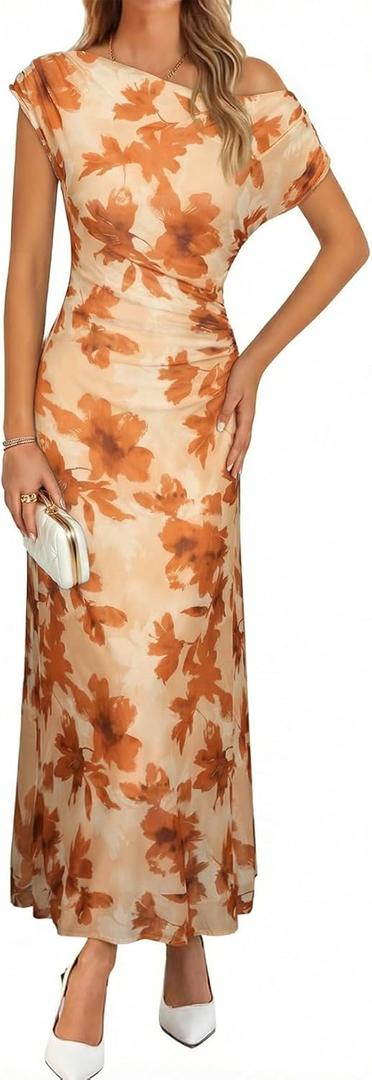 BLENCOT Women's Floral Off Shoulder Maxi Dress Ruched Bodycon Summer Wedding Guest Party Gown (Large, Brown)
