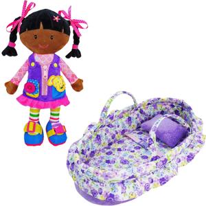 June Garden 2 Pcs Dressy Friends Playset Bundle - Includes 15.5" Dressy Friends Scarlett and Purple Cozy Dream Doll Bassinet