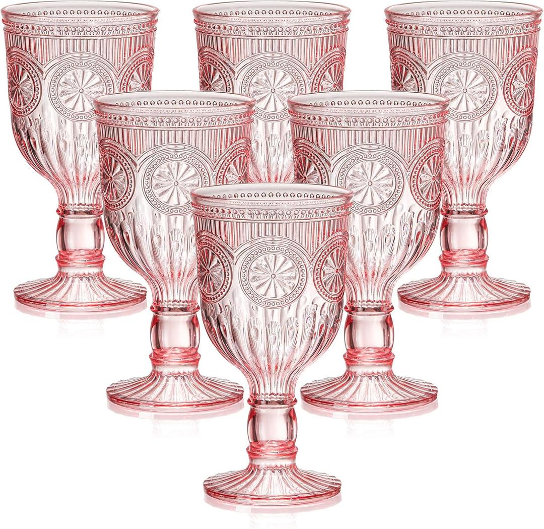 12 Oz Plastic Vintage Wine Glasses Goblets Drinking Glasses Sunflower Embossed Glassware Plastic Champagne Flutes Unbreakable Wedding Toasting Glasses Party Wine Cups for Bridal Shower Party (6, Pink)