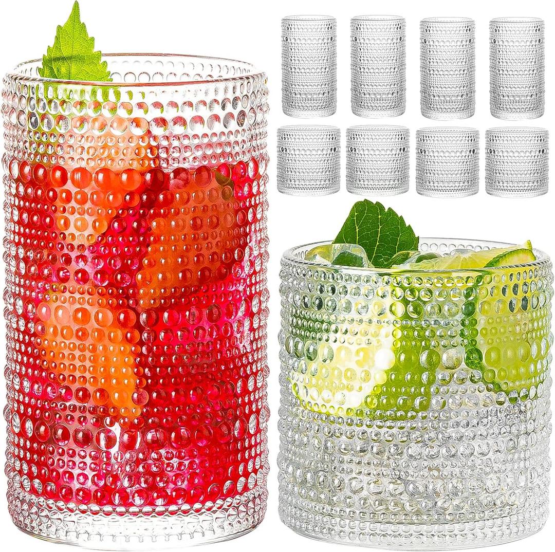Hobnail Drinking Glasses, 8 pcs Embossed Designed Glass Cups-4 Highball Glasses 12oz & 4 Rocks Glasses 12oz, Mojito Cups, Mixed Drink Cocktail Glass, Bar Glassware for Cocktail, Whiskey
