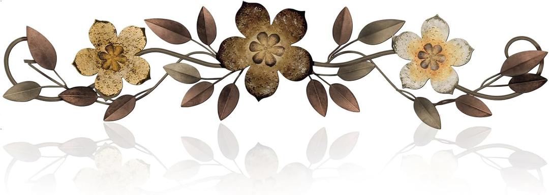 Wesiti Metal Flower Wall Decor Vintage Spring Metal Flower Wrought Iron Scroll Sculpture 15.7''x3.7'' Farmhouse Leaves Wall Decor with Nails for Spring Living Room Bedroom Indoor Outdoor(Brown)