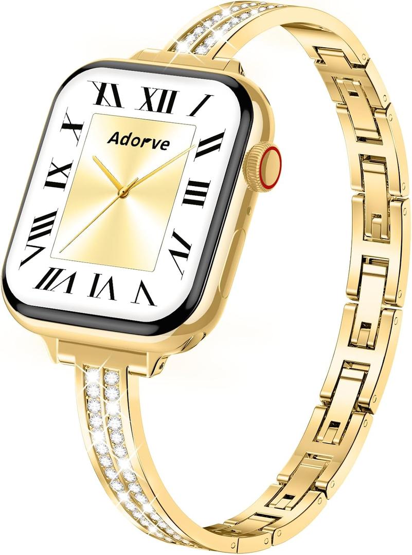 Adorve Slim Gold Bands Compatible with Apple Watch Bands for Women 38mm 40mm 41mm 42mm 44mm 45mm 46mm, Cute Dressy Thin Bracelet Stainless Steel Metal Strap for iWatch Bands Series 11 10 9 8 7 6 5 4 3 SE