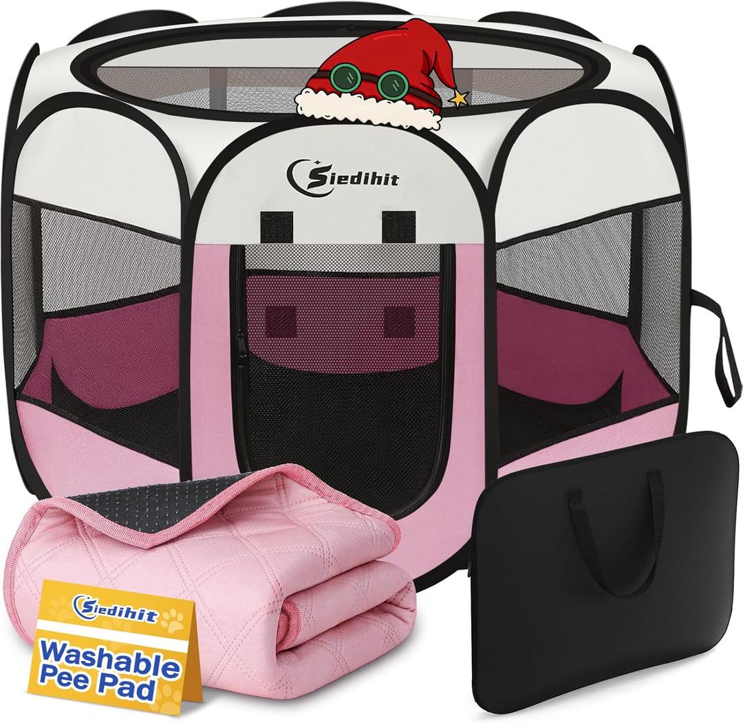 Dog Cat Playpen, Puppy Pet Playpen Indoor for Small Dog Crate Tent Cage Outdoor, Portable Pop Up Dogs Enclosure Kennel with Carrying Case for Dogs/Cats/Rabbits(Pink, Small with pad)