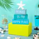 4Pcs The Beach is My Happy Place Table Signs Starfish Beach Wooden Tabletop Centerpiece Blue Rustic Summer Decorations for Office Home Shelf Mantel Tiered Tray Decor