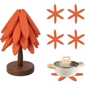 Silicone Trivets Mat Set for Hot Dishes - Tree Trivets with Stand - Hot Pads Pot Holders for Kitchen (Orange)