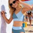 Girls Swimsuit V Neck Bikini Set Color Block with Cover Up 3Pcs Bathing Suits, Gray Blue 2, 11-12 Years