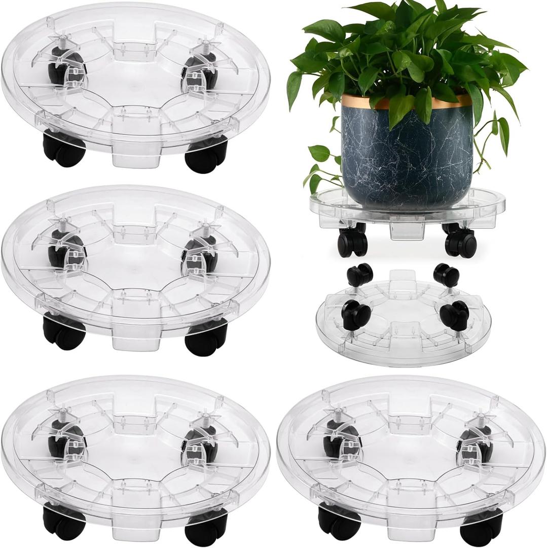 KvyusFlourish 4 Packs 13 Inches Large Clear Plant Caddy Plant Saucers on Wheels Rolling Plant Stands Heavyduty Plant Dolly Plastic Planter Roller Base Pot Movers Outdoor Plant Tray Coaster