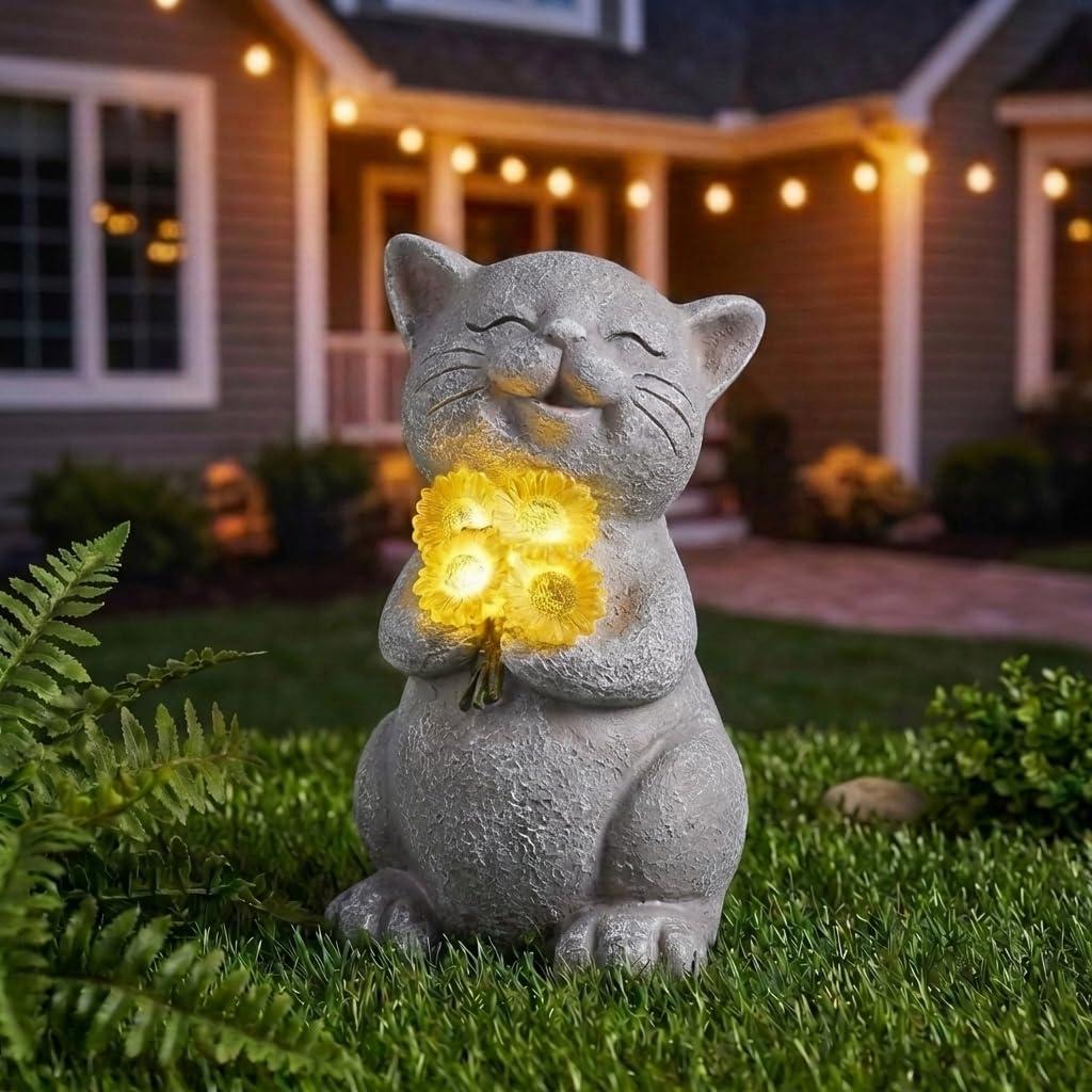 PETAFLOP Solar Cat Garden Statue Decor with Sunflower, Birthday Housewarming Gifts for Father Mom Grandma Women Cats Lover, Outdoor Figurines Patio Balcony Yard Lawn Decorations
