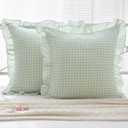 K MASANIJI 2 Pack Pile Green White Plaid Ruffle Gingham Euro Shams Pillow Covers, 100% Washed Cotton Checkered Farmhouse Pillowcases for Bed/Sofa Envelope Closure - 26''x26''