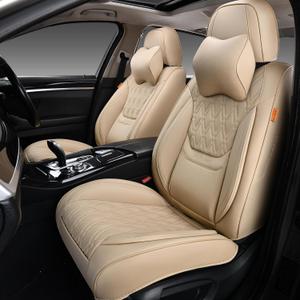 Car Seat Covers Front Pair, Breathable Leather Automotive Front Seat Covers with Headrest, Universal Automotive Vehicle Seat Cover for Most Sedan SUV Pick-up Trucks, Beige