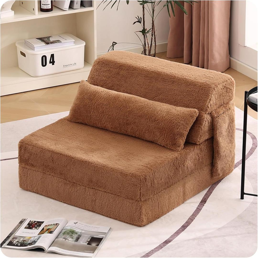Tiita Folding Sofa Bed  Single Size Mattress Sleeper Chair Plush Fabric with Side Pocket, Floor Lounger Chair Bed for Living Room,Guest Room,Dorm,Apartment,Upstairs Loft,Home Office,Brown