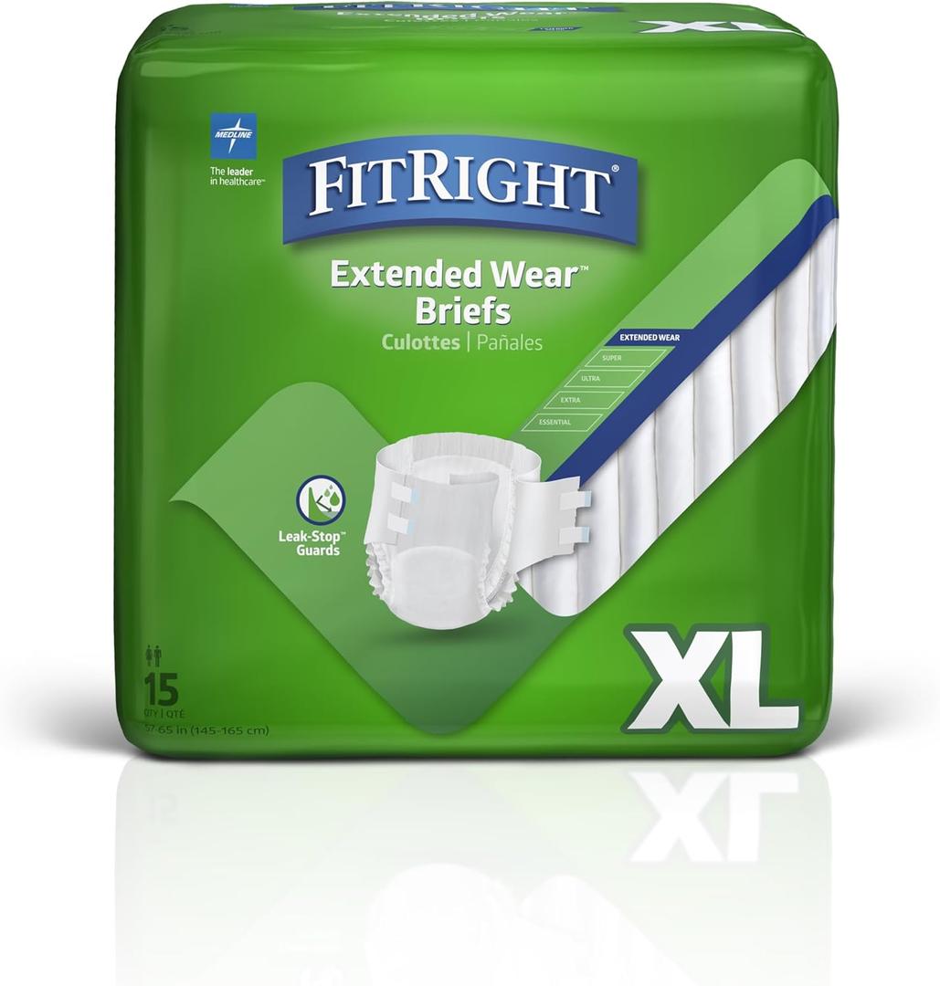 Medline Extended Wear Overnight Adult Briefs with Tabs, Maximum Absorbency Adult Diapers, X-Large (15 Count)