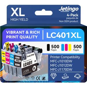 LC401XL Ink Cartridges for Brother Printer 4 Pack Work with Brother MFC-J1010DW MFC-J1012DW MFC-J1170DW Printer (1 Black, 1 Cyan, 1 Magenta, 1 Yellow)