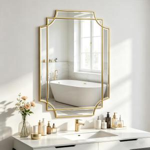 Gold Beveled Mirror, 36"x24" Geometric Art Deco Wall Mirror with Wood Frame, Modern Aesthetic Rectangle Mirrors for Living Room Bedroom Hallway Entryway, Horizontal or Vertical Hanging