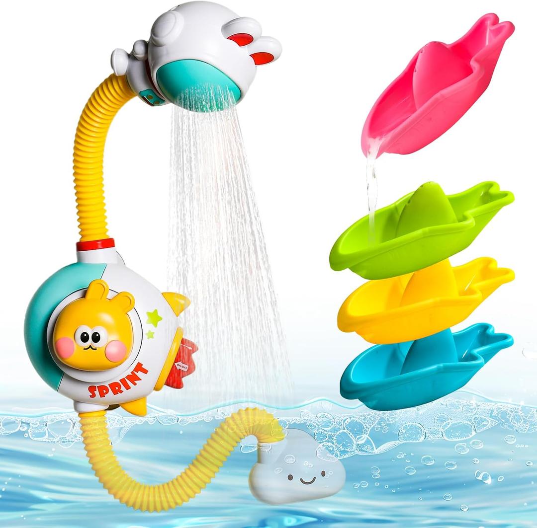 Toddler Bath Toys for Kids Ages 1-3 Baby Bath Shower Head Sprayer for Bathtub Toys-4 Stackable Shark Toy Boats with Bath Toys for Toddlers 1 2 3 4 Year, Water Table & Pool Play