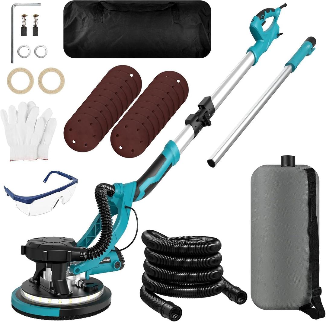 Drywall Sander, 1250W 11.5-Amp Electric Drywall Sander with Vacuum, Popcorn Ceiling Removal Tool with Variable Speed 800-1800RPM, Foldable & Extendable Handle, LED Light, 18pcs Sanding Discs (Blue)