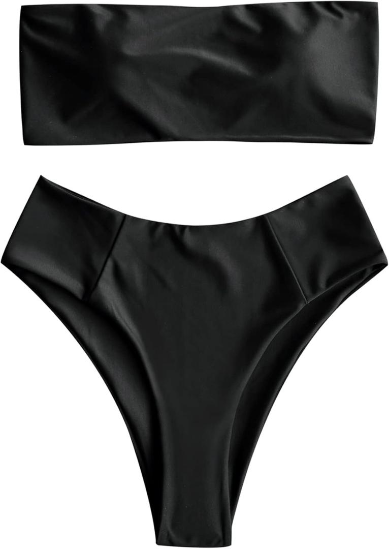 ZAFUL Women's High Cut Bandeau Bikini Set Strapless Solid Color 2 Pieces Bathing Suit Swimsuit Black S