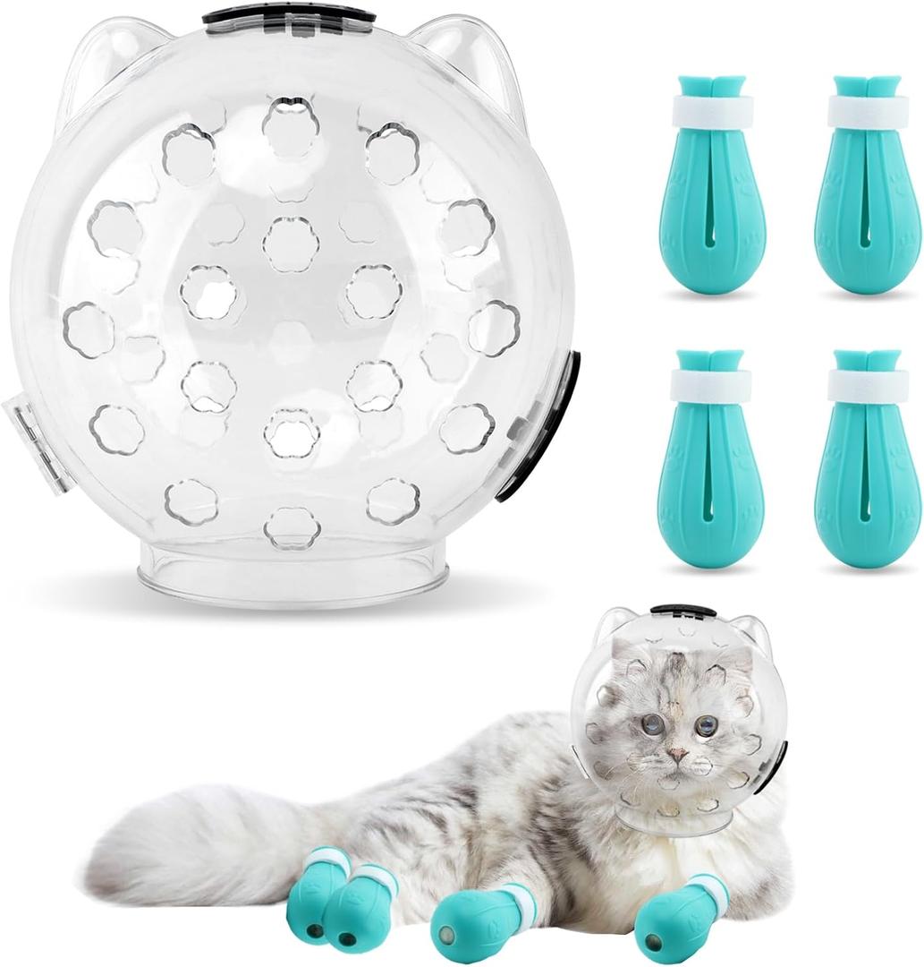 Cat Muzzle for Grooming, Adjustable Breathable Transparent Cat Astronaut Helmet with 4 Silicone Paw Shoes for Bath Nail Trimming (L)