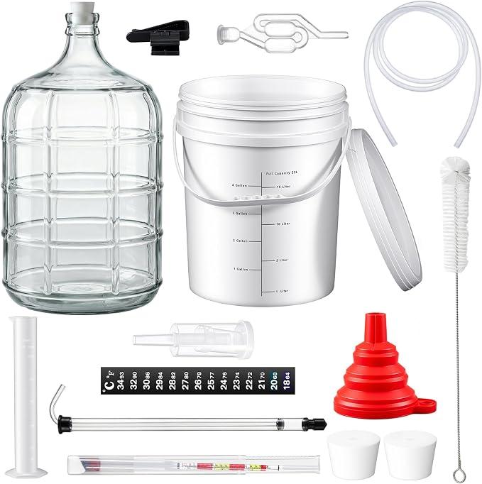 Ziliny Wine Making Kit Include 5 Gallon Carboy, 6.5Gallon Bucket,Lid, Automatic Siphon, Hydrometer, Alcohol Percentage Tester, Bottle Filler, Airlock, Plug Funnel for Primary & Secondary Fermentation