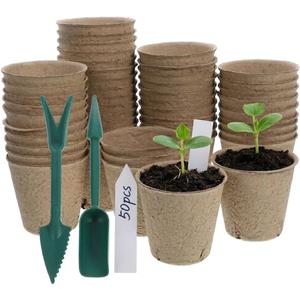 Seed Starter Peat Pots, 50 Pcs Biodegradable Paper Planting Pots Set with Plant Labels and Mini Garden Tools, Seed Starting with Drainage Holes for Seedlings Herbs, Vegetables, Nursery Garden 3.1In