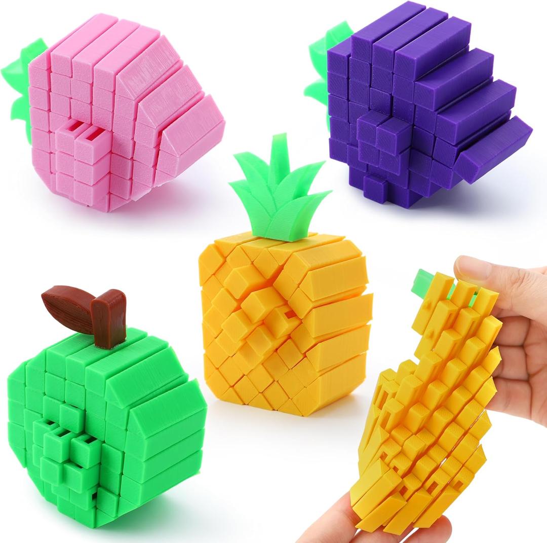 JOYIN 4 Pcs 3D Printed Fidget Fruit Toys, Make a Sound Flexible Desk Fidget Worm Toy for Stress Relief, Boys Girls Kids Adults Birthday Gift Party Favors Stress Toys