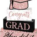Cinnvoice 4 Pcs Graduation Table Decor 2026 Congrats Grad Centerpiece Class of 2026 Wood Sign Graduation Tiered Tray Decor Farmhouse Congratulate Gifts for Home Shelf Party Decorations(Pink Black)