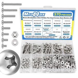 370Pcs #6-32 Pan Head Machine Screws Nuts Washers Assortment Kit, 3/16 to 1 inch Long Machine Screws, 304 Stainless Steel Screws Assorted Kit for Household Repairs, UNC Full Thread, Phillips Drive