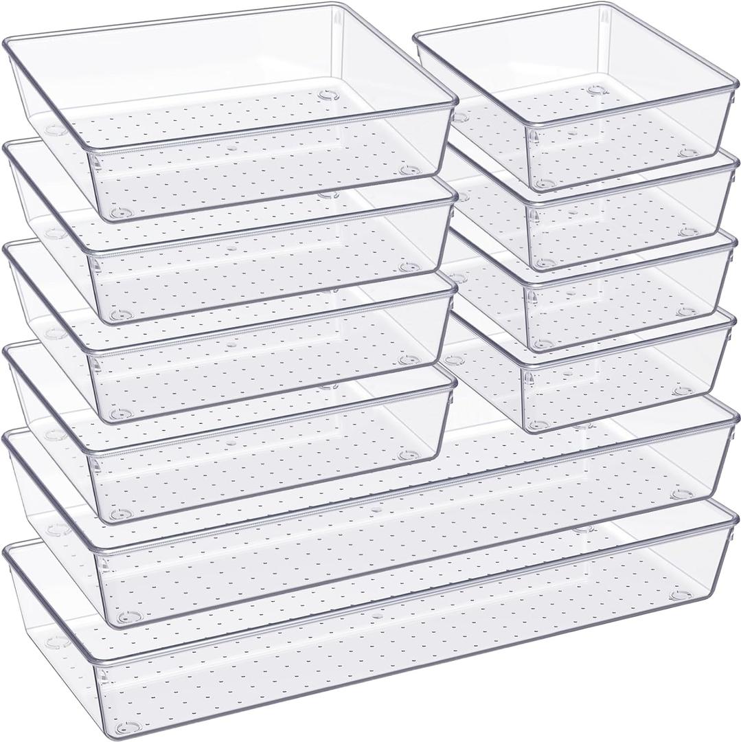 Criusia Drawer Organizer, 5 Pack Large Clear Plastic Kitchen Drawer Organizers Set, 3 Size Versatile Bathroom and Vanity Organizer Trays, Storage Bins for Makeup, Bedroom, Kitchen Utensils (5PACK)
