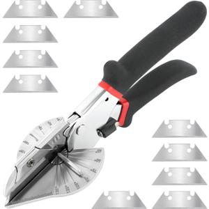 Miter Shears, Multi-Angle Shear Cutter with 10 Replacement Blades, 45-135 Adjustable for Trunking, Soft Wood & Plastic, Heavy-Duty Titanium Alloy, Non-Slip Grip, Safety Lock