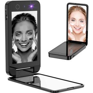 UV Camera for Sunscreen Test UV Mirror Sunscreen Camera, 4 Inch Vanity Mirror Rechargeable Compact Travel Makeup Mirror Handheld Double-Sided Pocket Mirror for Skin Protection(Dark Black)