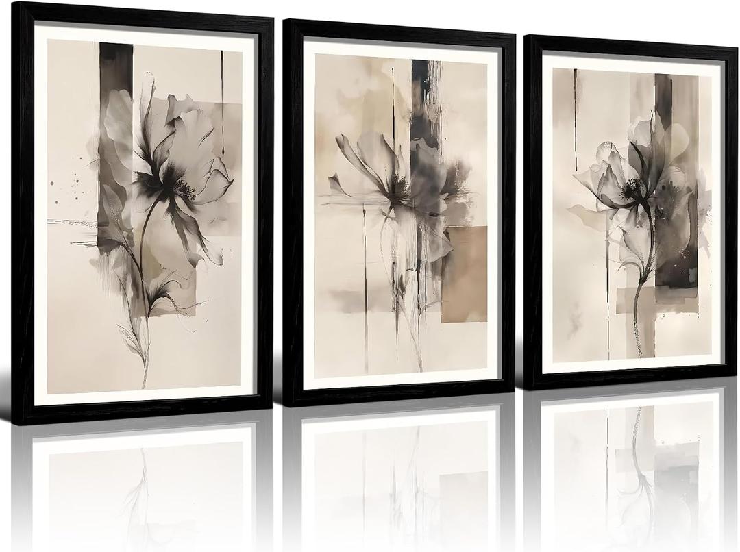 KHYEY 3 Piece Framed Abstract Floral Wall Art Set Neutral Beige Black Modern Canvas Prints 16x24 Inch Botanical Watercolor Artwork for Living Room Bedroom Bathroom Home Office Decor