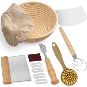 Swice Bread Proofing Basket, Round 9-Inch Banneton Sourdough Starter Kit with Lame, Dough Scraper, Linen Liner, and Basting Brush, Complete Bread Making Supplies and Tools