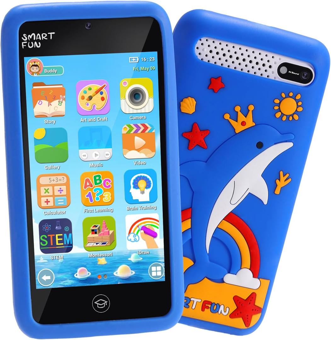 Kids Toys Smart Phone, 3.97" Touchscreen, Dual Camera with Stickers, 220+ Educational Puzzle Games, Toddler Learning Toys with Parental Control, Birthday Gifts for Kids Age 3-12 (Black & Blue)