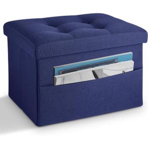 LINMAGCO Storage Ottoman Folding Foot Stool Foot Rest with Side Pocket Modern Ottoman with Storage Short Sofa Stool Linen Cloth 17x13x13(Navy)