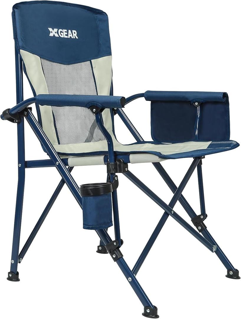 XGEAR Camping Chairs for Adults Support 350LBS Sturdy Mesh Back Camp Chair with Metal Armrests, Cup Holder, Storage Pockets(Blue/Grey) (1PC, Blue/Grey)