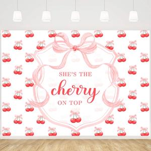 MEHOFOND 7x5ft She's The Cherry on Top Baby Shower Backdrop for Girl Cherry Theme Coquette Bridal Shower Decorations Pink Bow Party Decor Cherry Bride to Be Engagement Birthday Party Decor