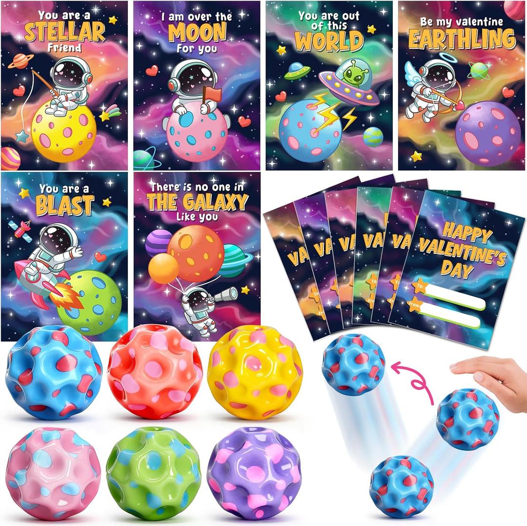 Jyusmile Valentines Day Cards for Kids School - 30 Packs Moon Bouncy Balls, Valentines Day Gifts for Kids, Valentine Party Favors for Classroom Prize Exchange, Goodies Bag Stuffers for Boys Girls