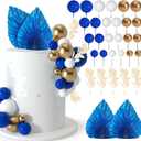 NEBURORA 64 Pcs Balls Cake Toppers and Leaves Decoration Set Mini Balloons for Cake Decorating Supplies Balls Cake decorations for Baby Shower Cake Toppers Birthday Cake Decorations(Blue Gold