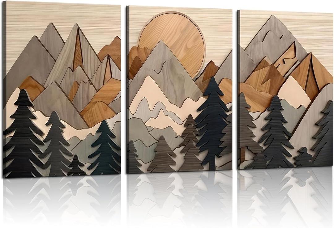 Set of 3 Mountain canvas Wall Art Large Forest Wall Decor pictures Woodcut Wooden Landscape poster Prints Abstract Landscape Nature Painting for Living Room Bedroom Office (16x24in canvas), 16inx24in canvas