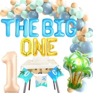 JeVenis Surf Theme The Big One 1st Birthday Party Decorations Balloons, Backdrop, Number 1, Tropical, Plastic, Unisex, Blue, Yellow/Beige, Green
