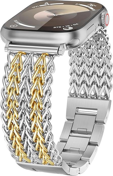 Minyee Compatible with Apple Watch Band 41/40/38/44/45/46/49/42mm Women, Dressy Stainless Steel Metal Chain Strap Designer Starlight Link Bracelet Wristband for iWatch Series 10 9 8 7 6 5 4 Ultra SE